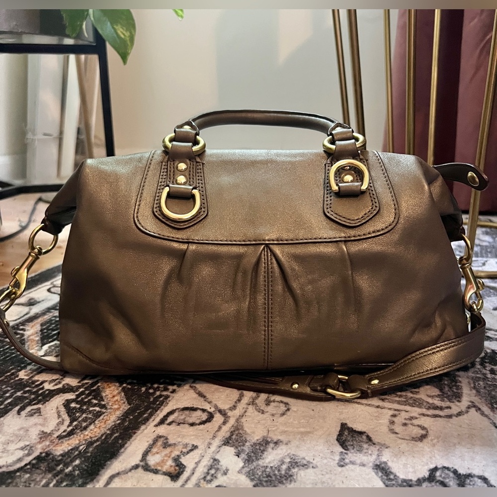 Vintage Y2K Coach Ashley Two Way Bronze Metallic Leather Carryall Handbag - Picture 4 of 10